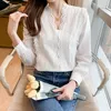 Women's Blouses & Shirts 2021 Designer Runway Lace Long-sleeved V-neck White Pullover Office Lady Elegant Tops