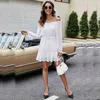 Spring Cest Wrapping Slash Neck White Solid Elegant Mode Kvinnors Knee-Length Dress 210524