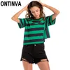 Womens Irregular Patchwork Striped T-Shirt Mujer Casual Loose Tees Tops Tunic Summer Fashion Girls Classic Pullover 210527