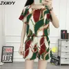 A variety of patterns short-sleeved shirt elastic waist thinner two-piece fashionable chiffon small shirt shorts suit women 210412