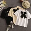 Sommar Fashion Streetwear Kortärmad Pearls Beading Neck Big Bow Oversize T-shirt Kvinnor Tees Dress Lady Tops 210506