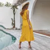 Polka-dot ruche spleet vrouwen midi jurk casual lange zomer tank sundress boog lace-up mode zwart geel kleding vakantie 210415
