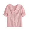 Solid Short Sleeve Chiffon Blosuse Summer Office Lady Shirt Women Tops and Blouses Loose V-neck Pink White Clothing Blusas 9856 210521