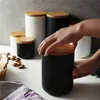 1pc 260ML 800ML Ceramic Storage Jars Wooden Lids Coffee Sugar Canisters Kitchen Supplies Container Tea Pot Grain Organizer