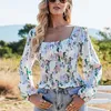 Summer Women Chiffon Blouses Vintage Print Square Collar Long Sleeve Shirts Slim Beach Style Crop Blusas 210514