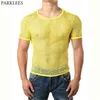 Gul Mesh Genomskinlig T-shirt Herr Sexig Kortärmad Fisknät Transparent T-shirt Homme Hip Hop Streetwear Toppar T-shirts 210716