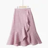 SURMIITRO Spring Summer Midi Plaid Skirt Women Korean Style Blue Ruffles High Waist Aesthetic Knee Length Skirt Female 210712