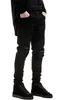 Heren rechte slim fit biker jean broek noodlijdende mager gescheurde vernietigde denim jeans gewassen hiphopbroek zwarte mode