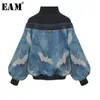 [EAM] Lente High Collar Lange Mouwen Patroon Gedrukt Losse Big Size Personality Sweatshirt Damesmode JL948 210803
