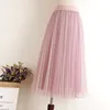 Jupes à tulle Midi Jupe plissée Midi Noir Rose Tulle Jupe Femmes Printemps Summer Coréen Élastique Taille haute Maille Tutu jupe 210408