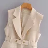 Koreański styl casual lapel kieszeń bez rękawów z paskiem eleganckim żeńskim płaszczu Harajuku moda jednopierierska damska kurtka 210507
