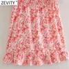 Women Sweet Red Floral Print Elastic Pleats Mini Dress Female Chic Summer Ruffles Casual Slim Party Vestido DS8235 210416