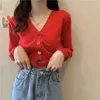 Stickade koreanska tröjor Cardigans för kvinnor 2020 Långärmad Top Knitwear Oversized Kort Beskuren Sweater Ladies Kläder V Neck Y0825