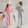 Urso líder meninas adolescentes roupas casuais moda crianças manga curta capuz top calças roupas crianças ativos tracksuits 5-13Y 210708