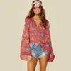 Teelynn Red Boho Bluzka 2018 Wiosna Ptaki Floral Print Bluzki Vinatge O-Neck Flare Z Długim Rękawem Czechy Kobiety Bluzki Hippie Top Y19042902