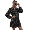 Moda Vintage V-Neck Polka Dot Mini Vestido Para Mulheres Outono Chiffon A-Linha Preto Manga Longa Sexy Vestido Elegante Verão 210508