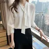 Langarm Weiße Bluse Bogen V-ausschnitt Chiffon Bluse Shirt Frauen Tops Bluse Frauen Blusas Mujer De Moda Frauen Blusen jxmyy 210412