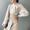 Office Lady Bow Damkläder Mode Camisas Mujer Spring Style Loose Blusas Feminina Vero Casual Toppar Blusar Skjortor