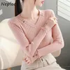 Höst Chic Button Stickad Kvinnor Pullover Fashion Solid Färg Top Winter Plus Velvet V-Neck Femme Sweater 1f535 210422