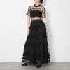黒のパッチワークは女性のためのドレスを通り抜けてoネック半袖ハイウエスト夏のドレス女性ファッションスタイル210520