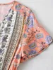 Geïnspireerd perzik bloemen maxi v-hals korte mouw zomer trekkoord taille katoen voor vrouwen nieuwe jurk 210412