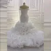 Lüks Mermaid Gelinlik Ruffles Tren Alt Büyük Sequins Artı Boyutu Gelin Kıyafetleri Kapalı Vestido De Noiva Afrika Robe de Mariee