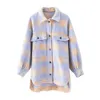 Casual Plaid Women Blouse Tweed Coat Knappar Fickor Kvinnliga Blend Coats Streetwear Långärmad Loose Ladies Jackor 210430