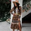 Tatil Çiçek Baskı Bohemian A-Line Elbise Bayan Dantel Uzun Kollu Seksi Yüksek Bel Yaz Plaj Midi ES Vestidos 210508