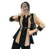 Chaqueta de mujer con costuras a rayas, abrigo negro irregular para mujer, chaqueta de traje ajustada asimétrica de manga larga con cordones para mujer 210603