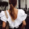 Deep V Neck Ruffles Blouse Women Sexy Backless White Shirt Sleeveless Holiday Beach Pleated Top Summer Camisas Mujer 210508