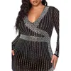 Lyxiga Rhinestones Kvinnor Party Dress Plus Size Sexig Oregular V Neck Långärmad Svart Lady Dresses Real Pictures 211116