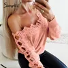 Sexy fuera del hombro encaje casual rosa jumper pullovers mujeres trabajo primavera elegante amarillo suéteres 210414