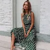 Leosoxs Lato Sexy O Neck Bez Rękawów Boho Polka Dot Drukuj Maxi Dress 2020 Casual Empire Robe Ladies Party Długa Sukienka Vestidos X0521