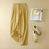 Women's 100%Pure Linen Cotton Pants Vintage Casual Waisted Classic Harem for Women Summer White Calf-length Trousers 210514