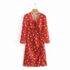 Boho Floral Dot Print Red Dress Summer Femmes V Col Wrap Robes Robe Beach Vintage Robe Casual Bohemian Sundress 210415