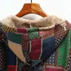 Vinter vintage kvinnor kappa varm utskrift tjock fleece hooded lång jacka med fickor damer outwear lös för