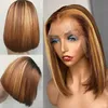 Highlight Human Hair Short Wig Brazilian for Black Women 4X4 Straight Closure Remy Pre Plucked T Part Lace Closure Bob Wigs