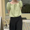 Korjpaa Kvinnor Sommar Koreanska Retro Square Collar Clavicle Check Loose Puff Sleeve Skjorta Hög midja Casual Wide Leg Pant 210526