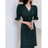 Vintage Women Silk Dress Summer Lantern Half Sleeve Button High Waist Party With Sash Dark Green Solid es Robe Femme 210608