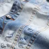2021 Chándales azules Agujeros rasgados Conjuntos de jeans para hombres Otoño Invierno Chaqueta de mezclilla bordada con arco iris + Pantalones elásticos con pintura en aerosol Conjuntos de 2 piezas Conjuntos de hombres