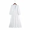 Women Summer White V-Neck Dress Sleeve Buttons Bow Tie Slim Casual Female Elegant Party A-Line Dresses Clothes Vestidos 210531