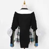 Casual Hit Color Slim Tröja för Kvinnor Turtleneck Puff Långärmad Patchwork Plaid Sweaters Female Fashion 210524