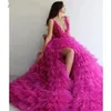 Fashion High Low Side Split Prom Klänningar Deep V Neck Backless Ruffles Tier Tulle Skirt Pageant Dress Sweep Train Evening Party Crows