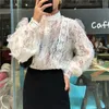 Korean Retro Lace Stand Collar Pearl Buckle Loose Long Sleeve Tops Stitching Women's Shirts See-through Blouse Blusas 13339 210521