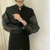 Vrouwen Lente Zomer Blouses Shirts Vintage Oversized Patchwork Tule Transparante Koreaanse Stijl Lady Tops