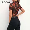 Aqoia Street Style Manga Curta Malha Mulher Mulher T Shirt Harajuku Chama Impressão O Pescoço Transparente Colheita Top Vestuário de Verão 210521