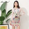 패션 디자이너 여름 드레스 여성의 턴 다운 칼라 레이스 splicing 구슬 꽃 인쇄 슬림 빈티지 미니 210524