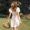 Inspired shirred bust flowing white dress women cute puff sleeve mini cotton summer dress frilled pleated beach dress 210412