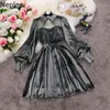 Neploe Chic Suprined Velvet Dressパッチワークガーゼビーズローブスタンドネック中空アウトvestidosフレアスルーエレガントなドレス女性210422