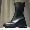 Designer- Womens Half Boots schoenen Winter Chunky Med Heels Plain Square Toes shoe Rainboots Zip Women Mid Calf Booty Wear Resistant boot